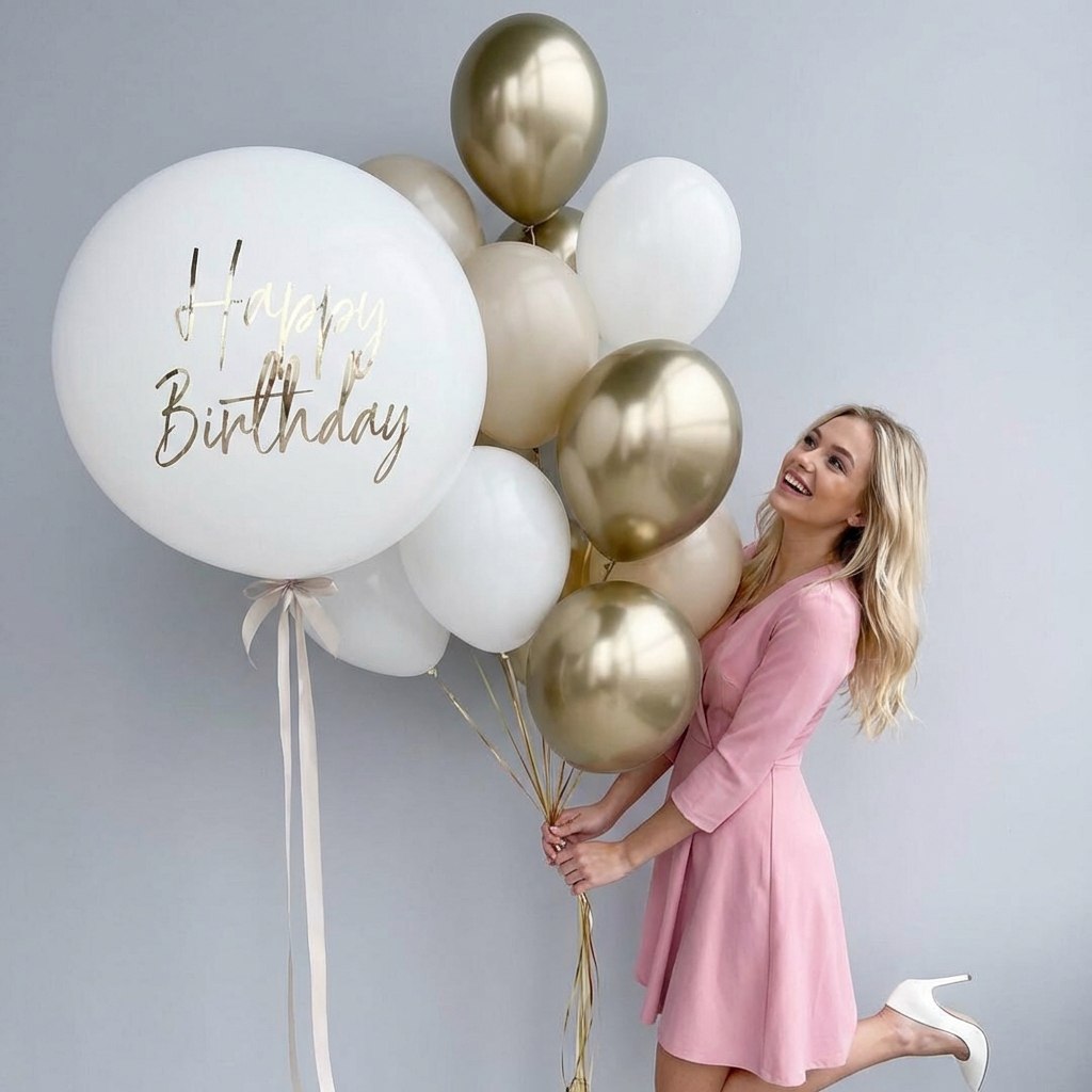 Воздушные шары с гелием Happy Birthday в бело-золотой гамме — купить с бесплатной доставкой в Гродно, магазин Кайф
